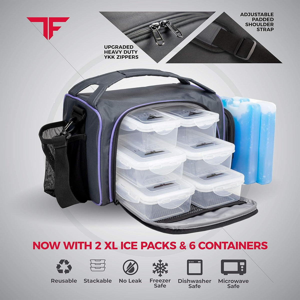 Meal Prep Lunch Box with 6 Containers, 2 Ice Packs, Cooler Bag, Purple