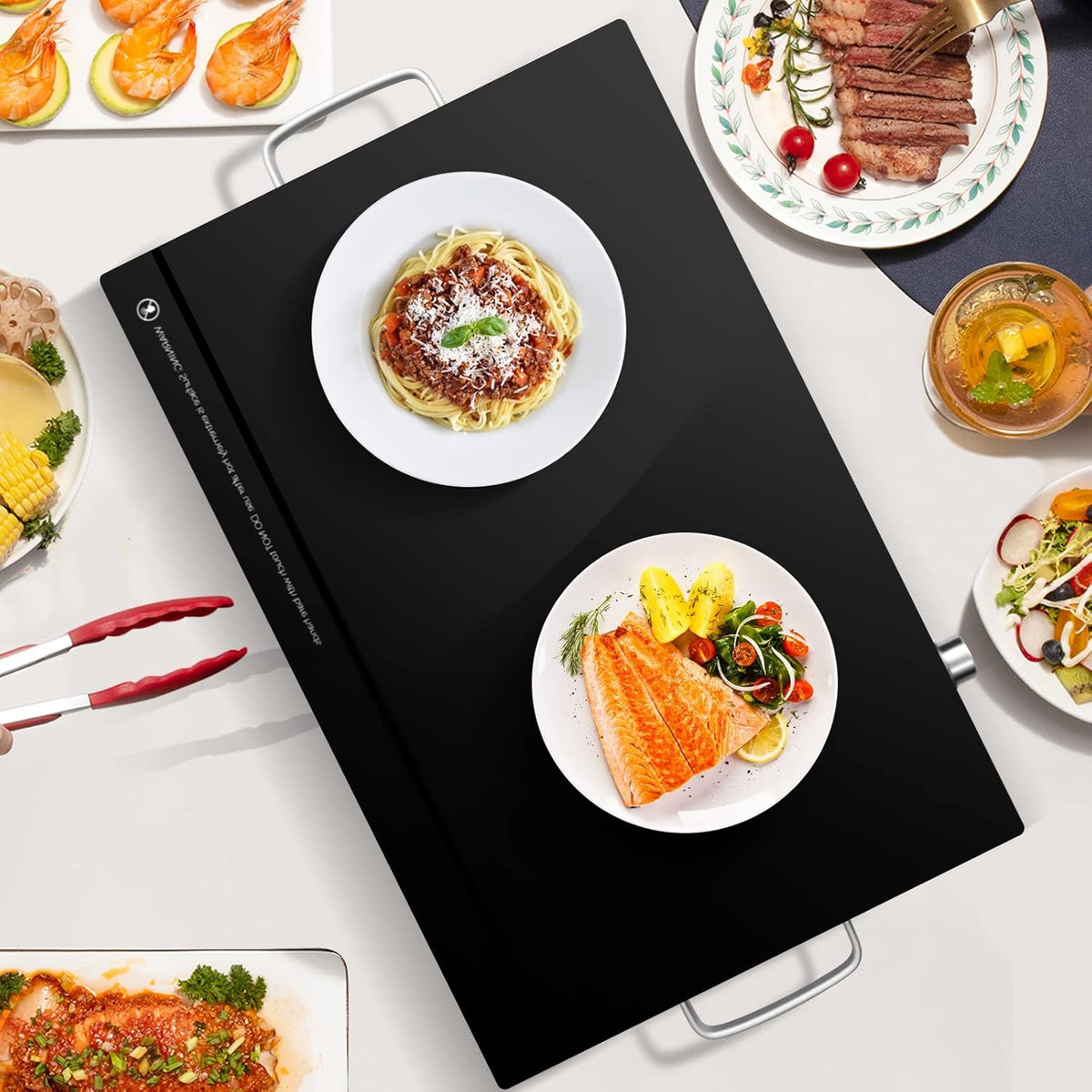 ¡Calentador Eléctrico de Alimentos! Pack de 2 - Mantén tus comidas Calientes y Frescas. Calentadores de alimentos de 22''x15'' para fiestas, control de temperatura ajustable, superficie de vidrio templado. ¡Úsalo para eventos, fiestas o disfrútalo tu solo!