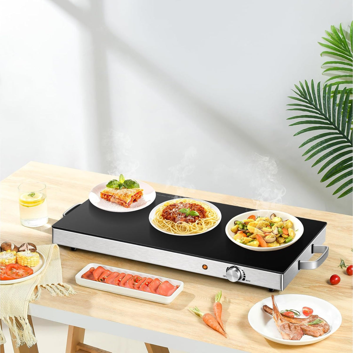 ¡Calentador Eléctrico de Alimentos! Pack de 2 - Mantén tus comidas Calientes y Frescas. Calentadores de alimentos de 22''x15'' para fiestas, control de temperatura ajustable, superficie de vidrio templado. ¡Úsalo para eventos, fiestas o disfrútalo tu solo!
