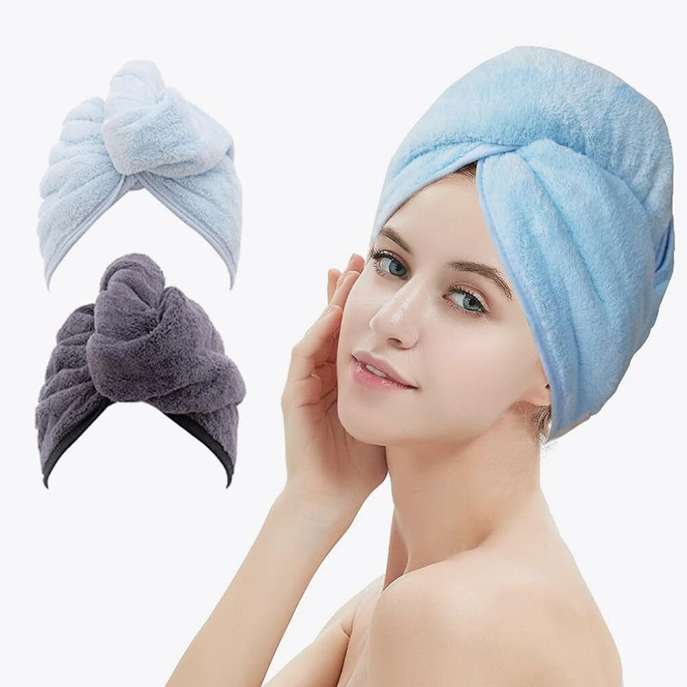 ¡2 en 1! Paquete de toallas para secar tu cabello, de microfibra absorbente con diseño de botón, ajustable y cómodo para tu cabello. 
