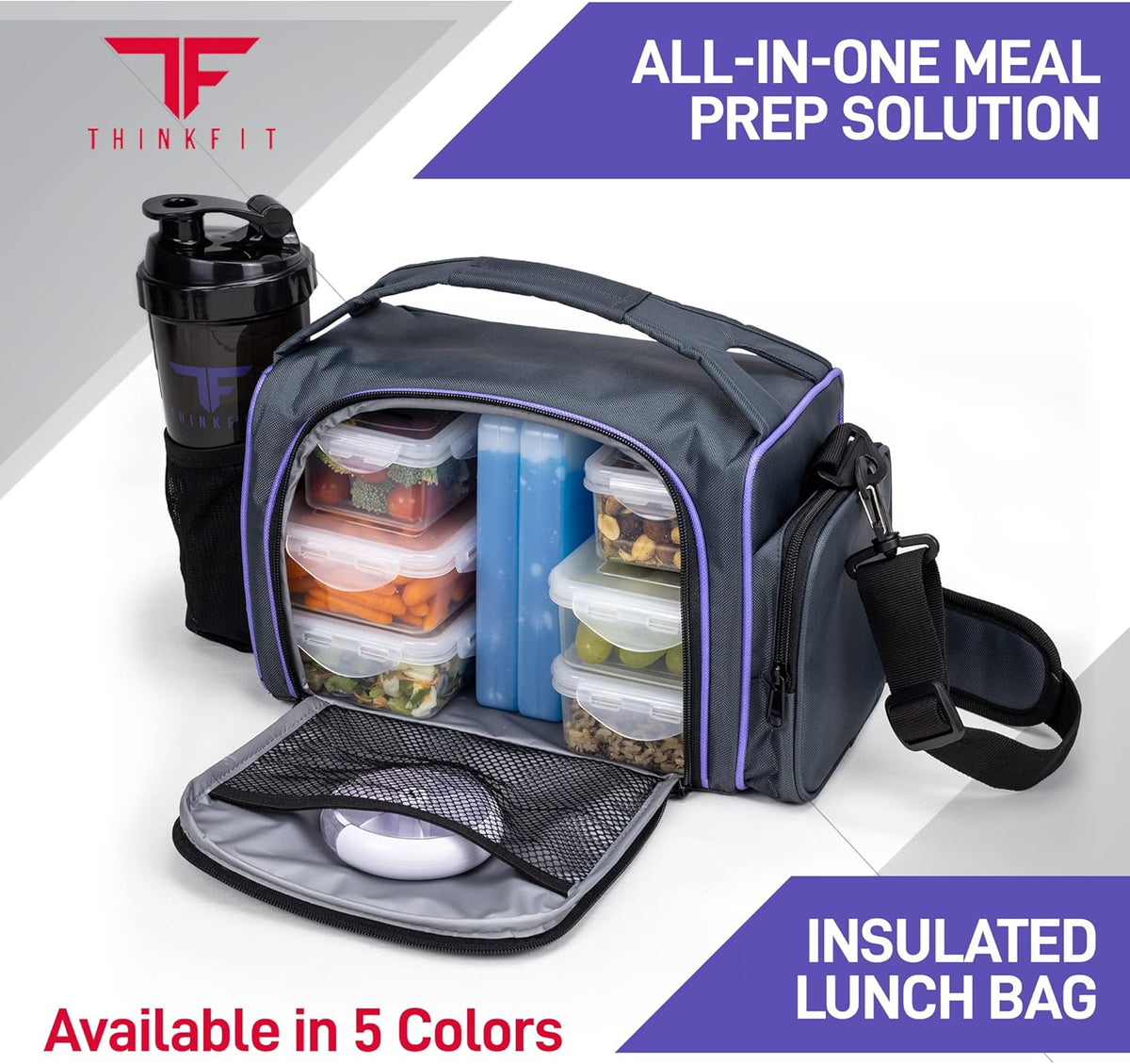 Meal Prep Lunch Box with 6 Containers, 2 Ice Packs, Cooler Bag, Purple