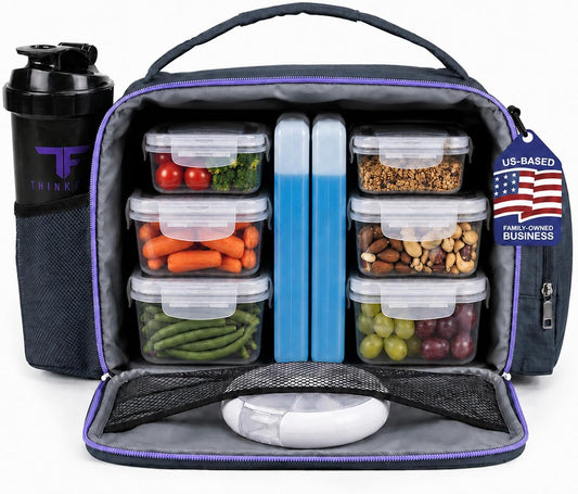 Meal Prep Lunch Box with 6 Containers, 2 Ice Packs, Cooler Bag, Purple