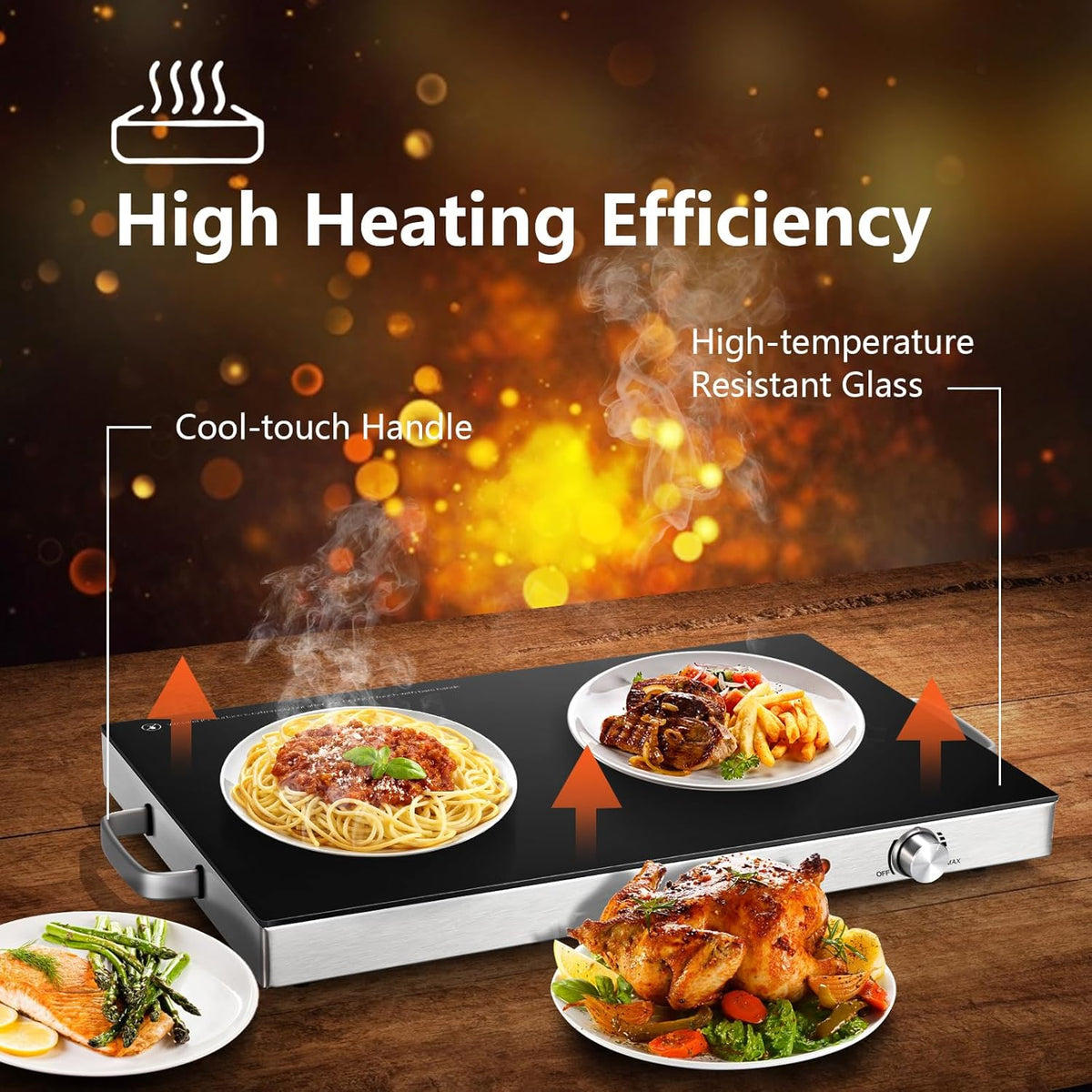 ¡Calentador Eléctrico de Alimentos! Pack de 2 - Mantén tus comidas Calientes y Frescas. Calentadores de alimentos de 22''x15'' para fiestas, control de temperatura ajustable, superficie de vidrio templado. ¡Úsalo para eventos, fiestas o disfrútalo tu solo!
